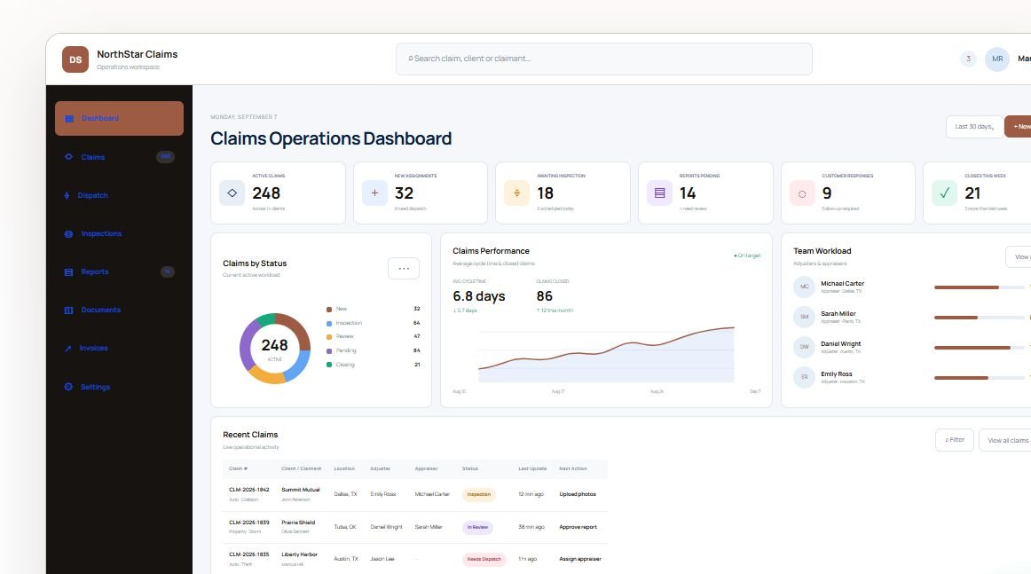 Claims assignment and inspection workflow software interface