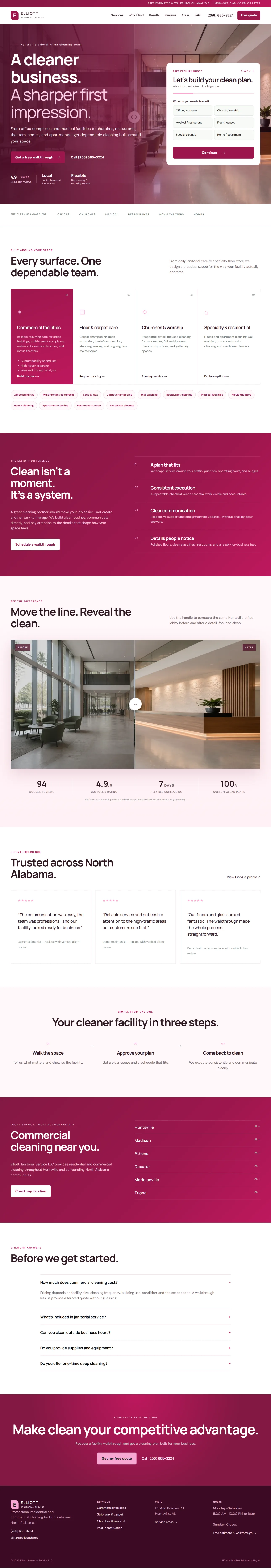 Elliott Janitorial Service commercial cleaning website desktop view for the USA market