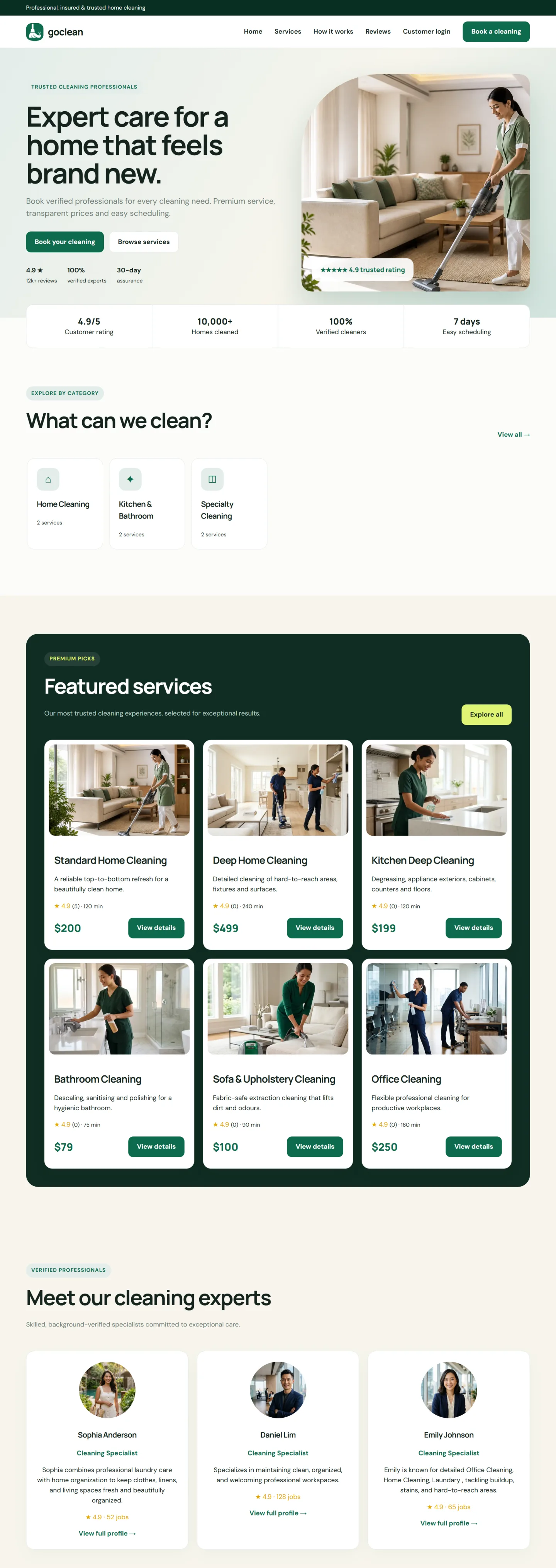 GoClean home cleaning services website desktop view